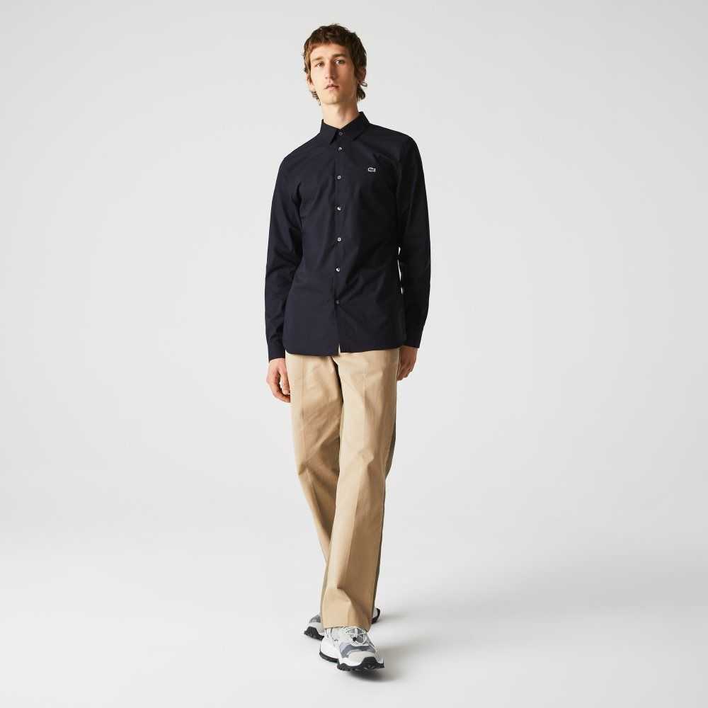 Lacoste Slim Fit Stretch Cotton Poplin Shirt Navy Blue | WCBO-62590