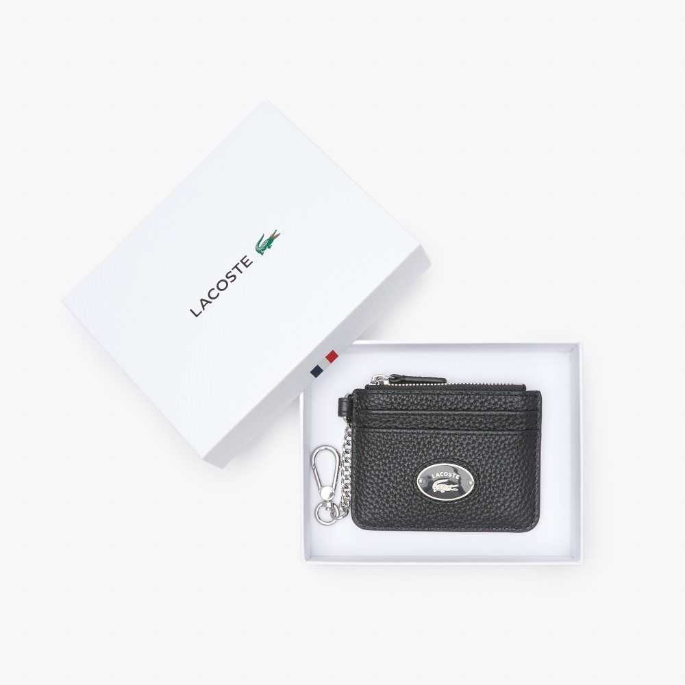 Lacoste Snap Hook Grained Leather Card Holder Black | WOSF-95482