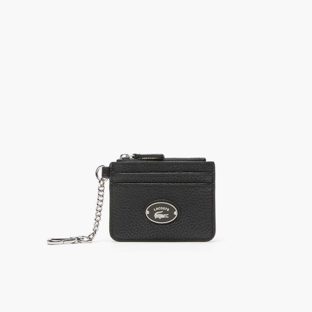 Lacoste Snap Hook Grained Leather Card Holder Black | WOSF-95482