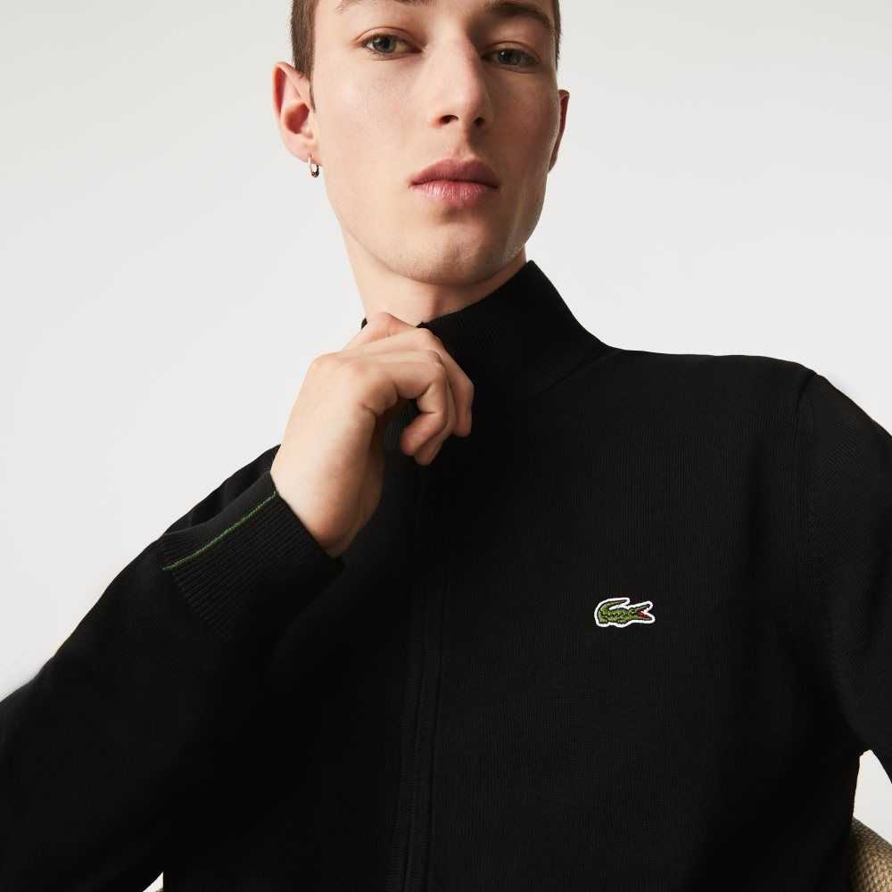 Lacoste Stand-Up Collar Organic Cotton Zippered Sweater Black | IMAQ-93408