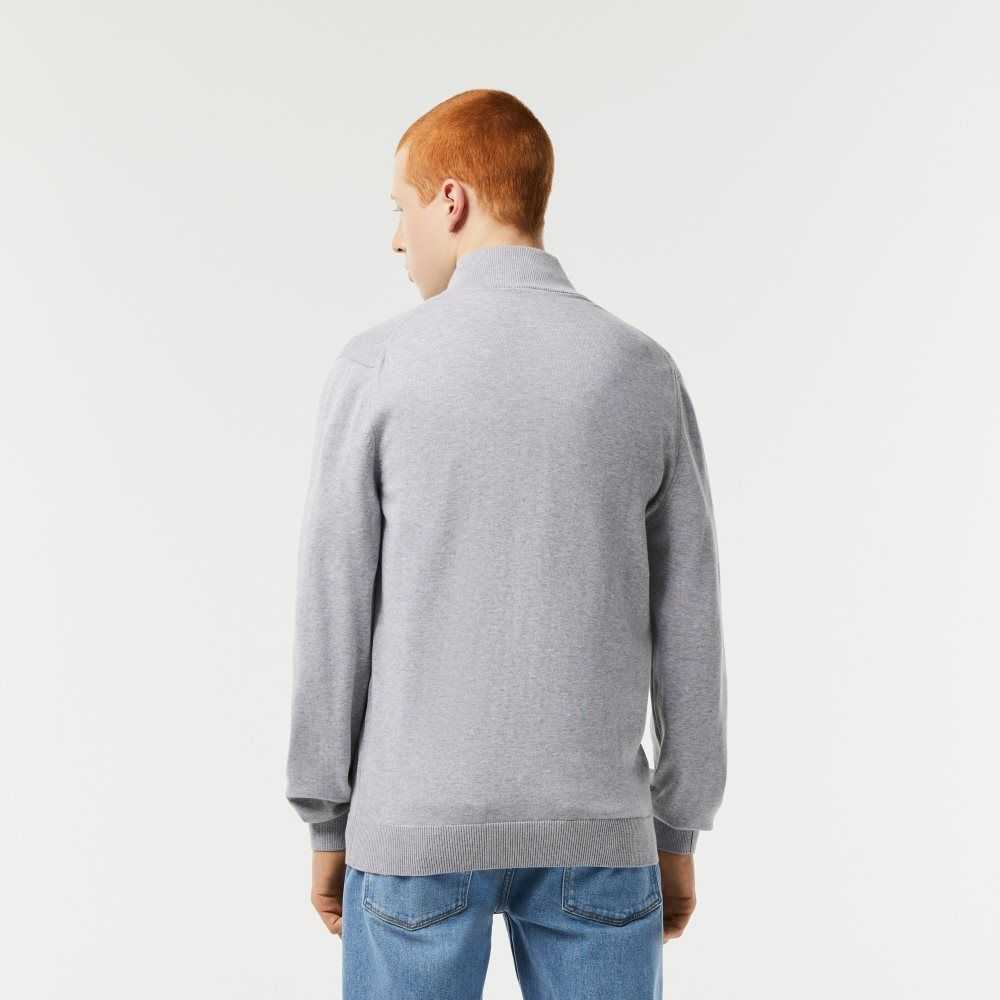 Lacoste Stand-Up Collar Organic Cotton Zippered Sweater Grey Chine | TVEU-35264