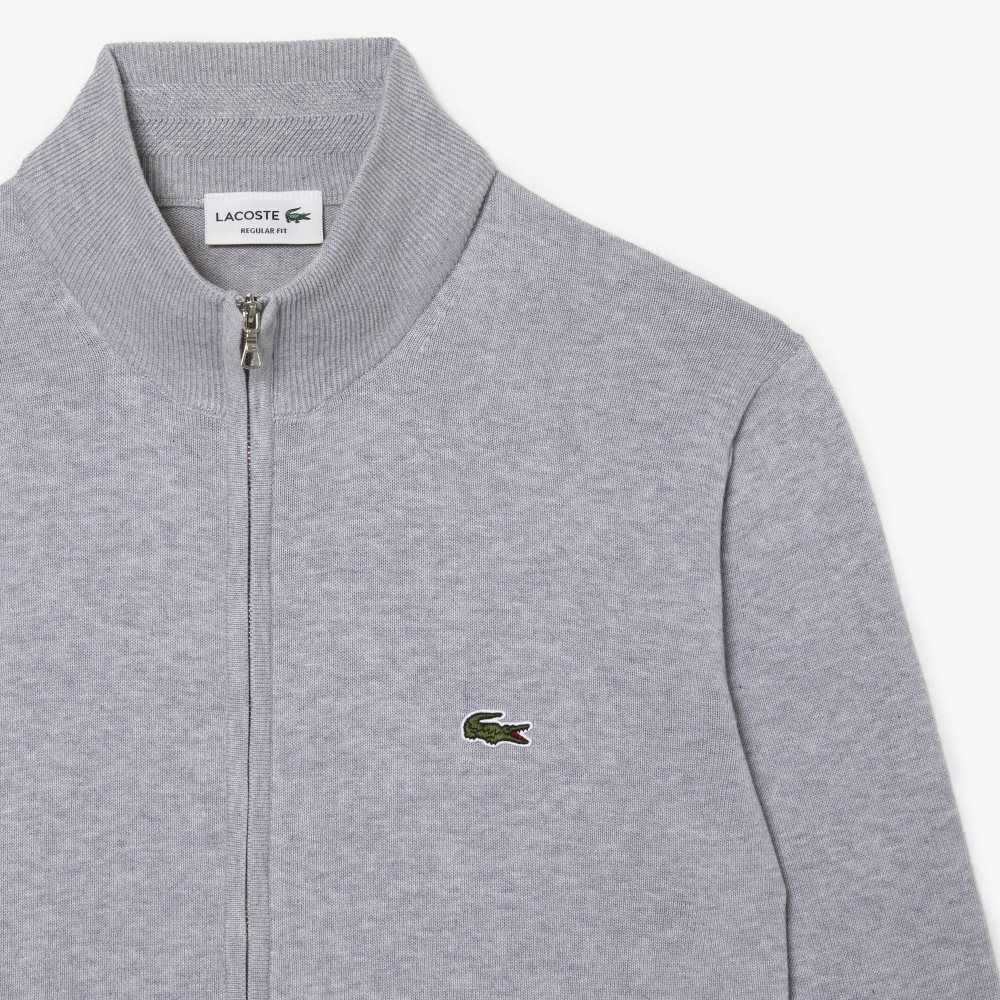 Lacoste Stand-Up Collar Organic Cotton Zippered Sweater Grey Chine | TVEU-35264