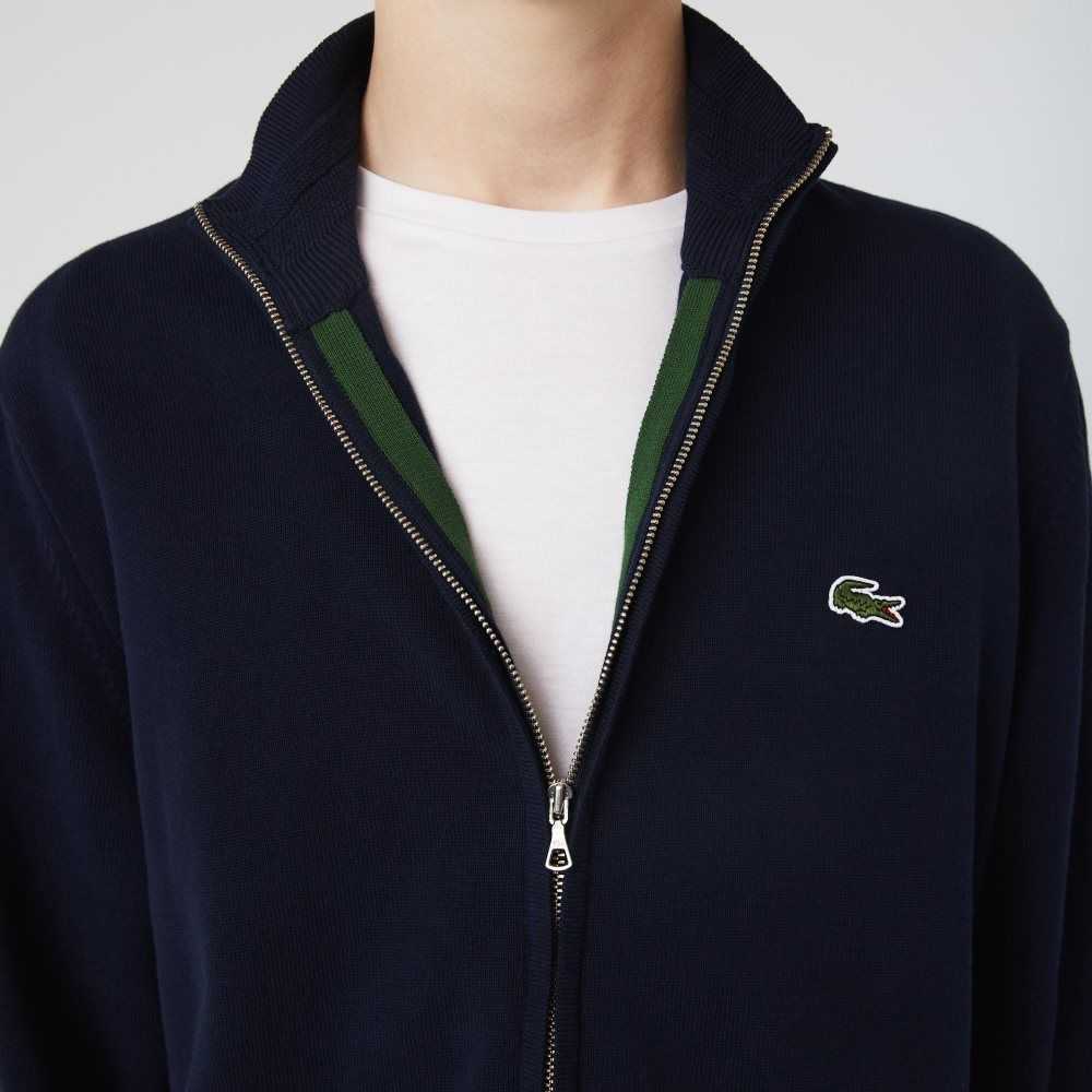 Lacoste Stand-Up Collar Organic Cotton Zippered Sweater Navy Blue | WLRY-30517