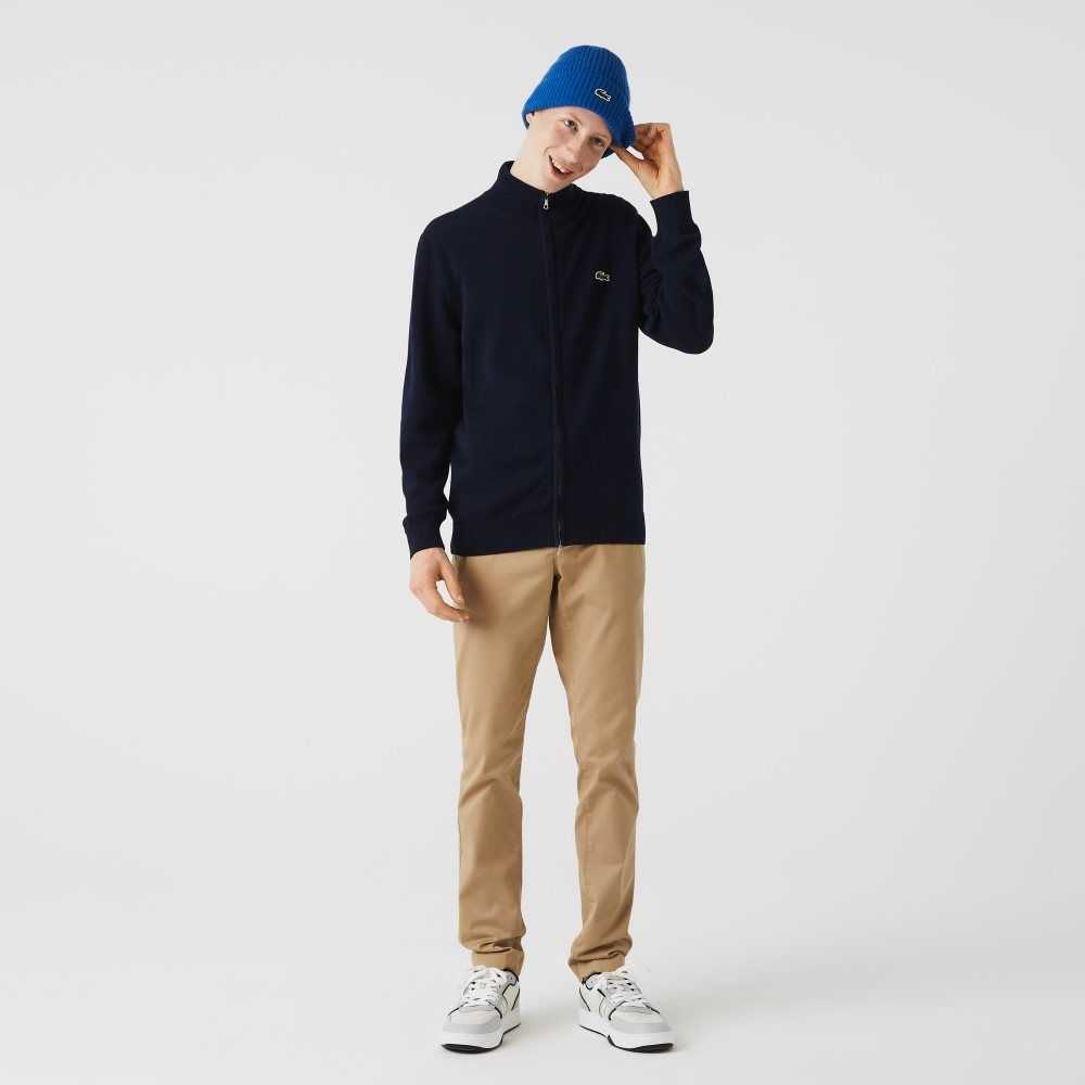 Lacoste Stand-Up Collar Organic Cotton Zippered Sweater Navy Blue | WLRY-30517