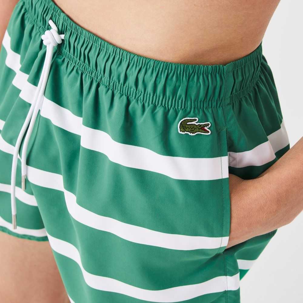 Lacoste Striped And Embroidered Light Swimming Trunks Green / White | DIEW-62795