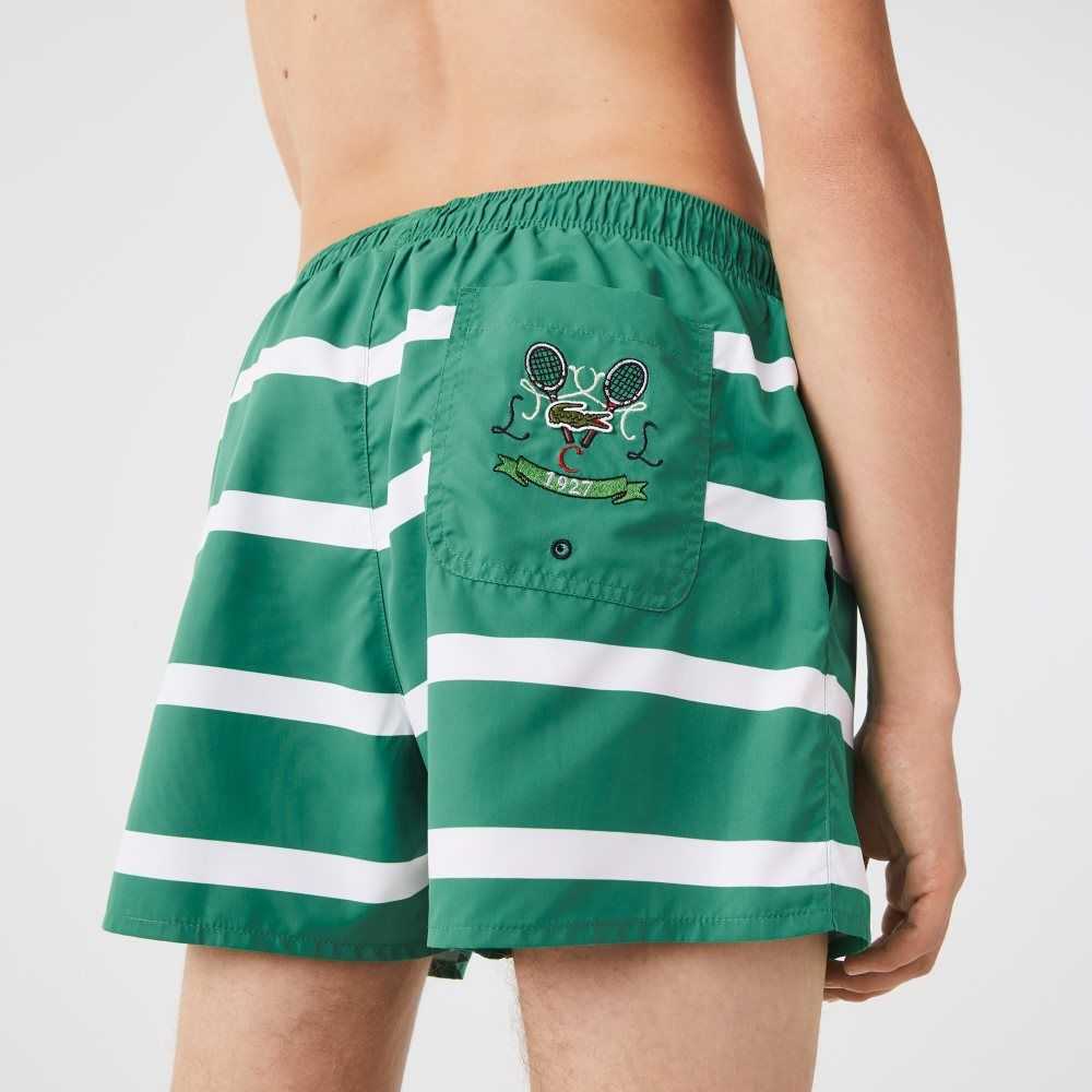 Lacoste Striped And Embroidered Light Swimming Trunks Green / White | DIEW-62795