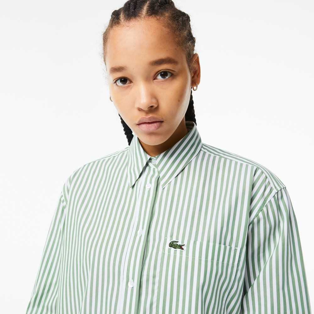 Lacoste Striped Cotton Poplin Shirt Green / White | YGSE-80213