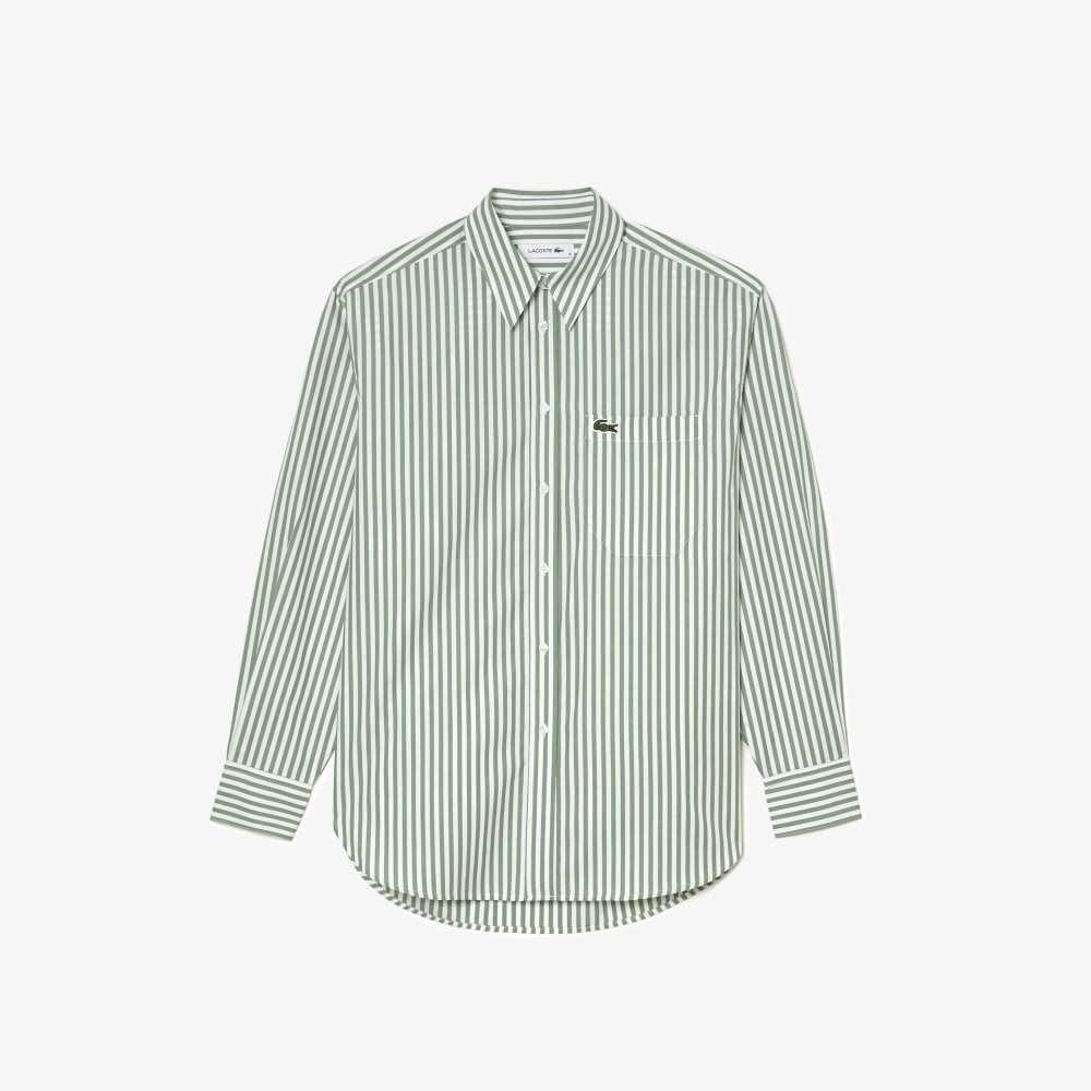 Lacoste Striped Cotton Poplin Shirt Green / White | YGSE-80213
