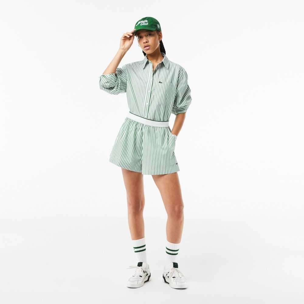 Lacoste Striped Cotton Poplin Shorts Green / White | JXKG-43016