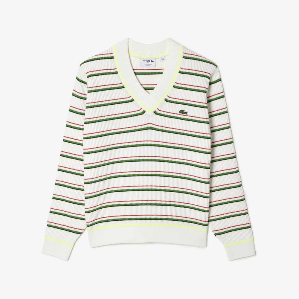 Lacoste Striped French Made V-Neck Sweater White | RBSX-96538