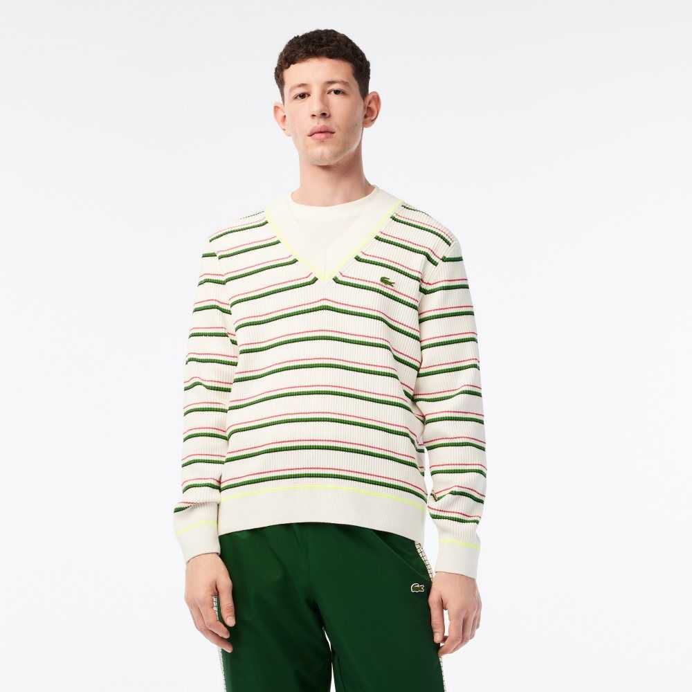 Lacoste Striped French Made V-Neck Sweater White | RBSX-96538