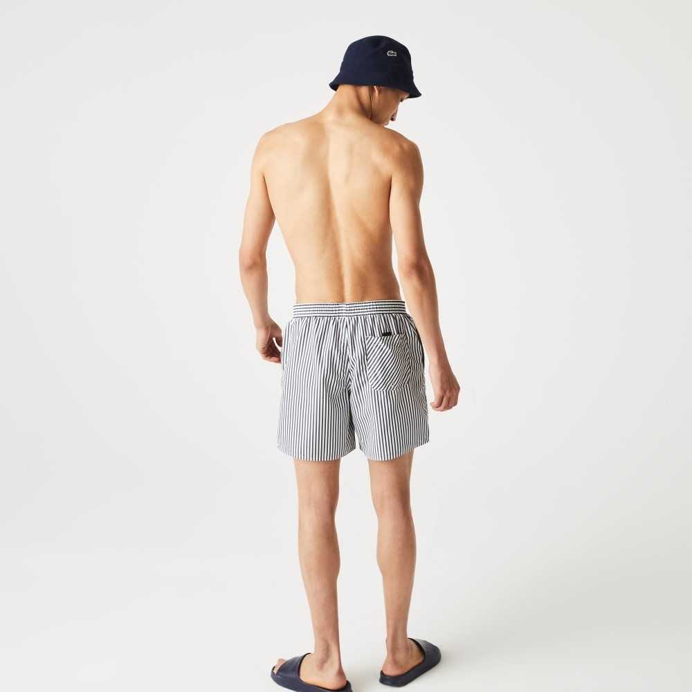 Lacoste Striped Swimming Trunks Navy Blue / White | GZKW-62093