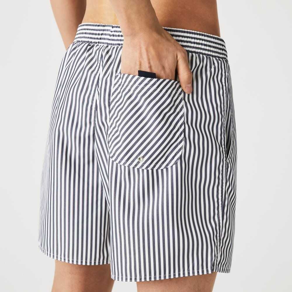 Lacoste Striped Swimming Trunks Navy Blue / White | GZKW-62093