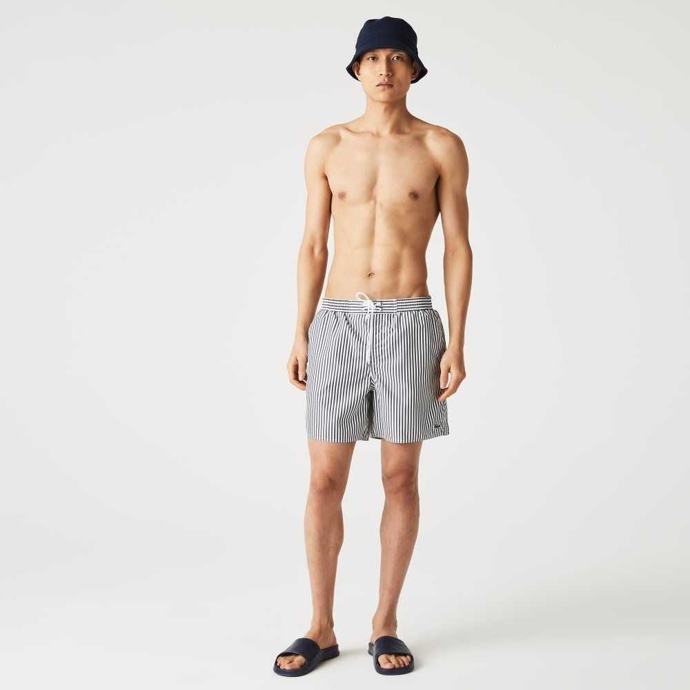 Lacoste Striped Swimming Trunks Navy Blue / White | GZKW-62093