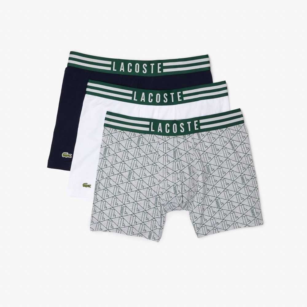 Lacoste Striped Waist Long Stretch Cotton Boxer Brief 3-Pack Grey Chine / White / Navy Blue | DYBC-84632