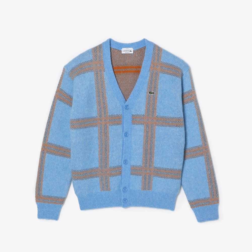 Lacoste Tartan Pattern Wool Cardigan Blue / Orange / Brown | KAVW-28104