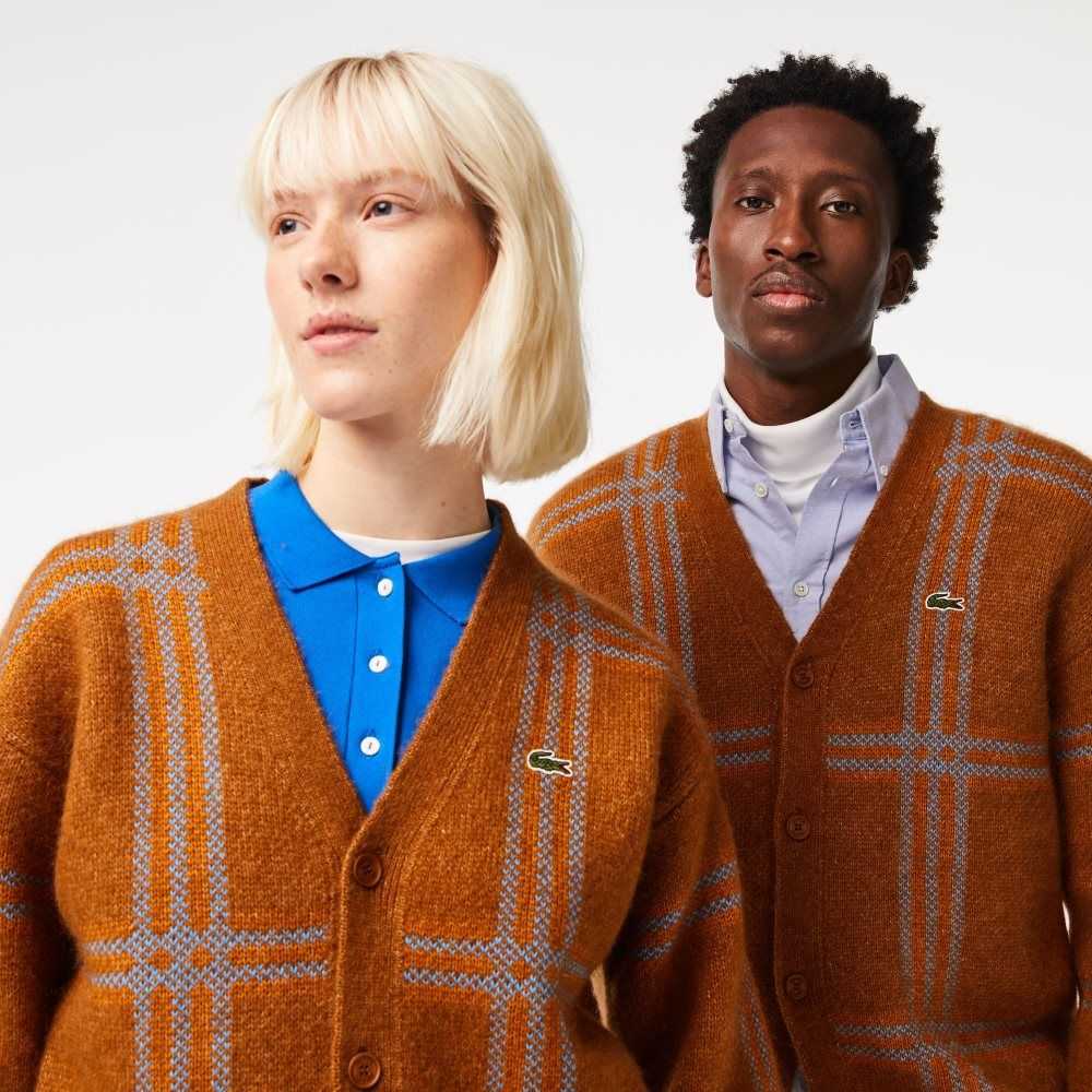 Lacoste Tartan Pattern Wool Cardigan Brown / Blue / Orange | SQIB-76921