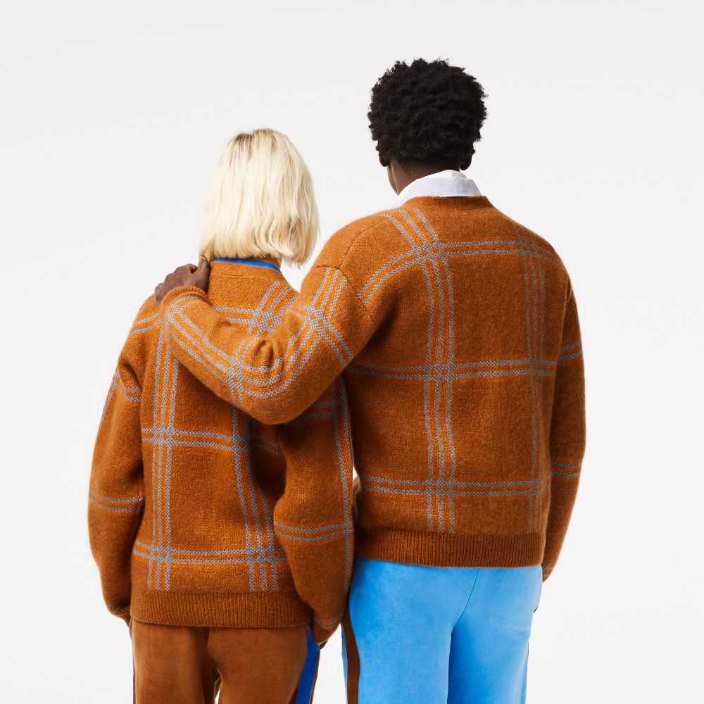 Lacoste Tartan Pattern Wool Cardigan Brown / Blue / Orange | SQIB-76921