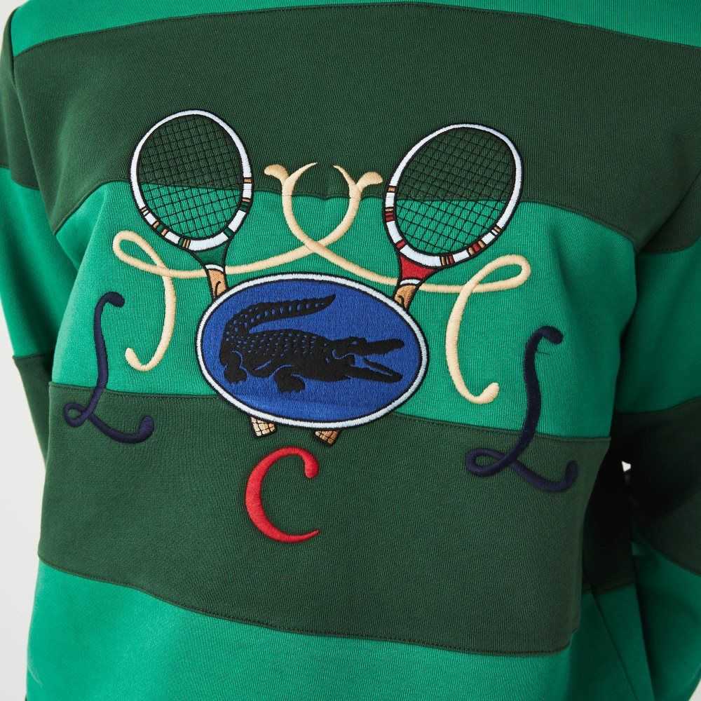 Lacoste Tennis Design Crew Neck Striped Cotton Fleece Sweatshirt Green | MACS-59860