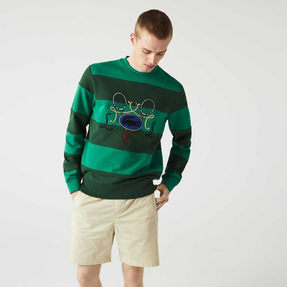 Lacoste Tennis Design Crew Neck Striped Cotton Fleece Sweatshirt Green | MACS-59860