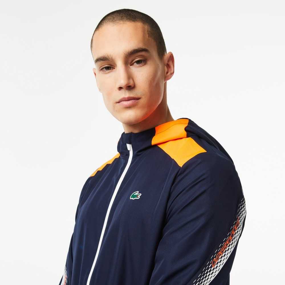 Lacoste Tennis Recycled Polyester Hooded Jacket Navy Blue / Orange / White / Orange / White | PBDZ-59648