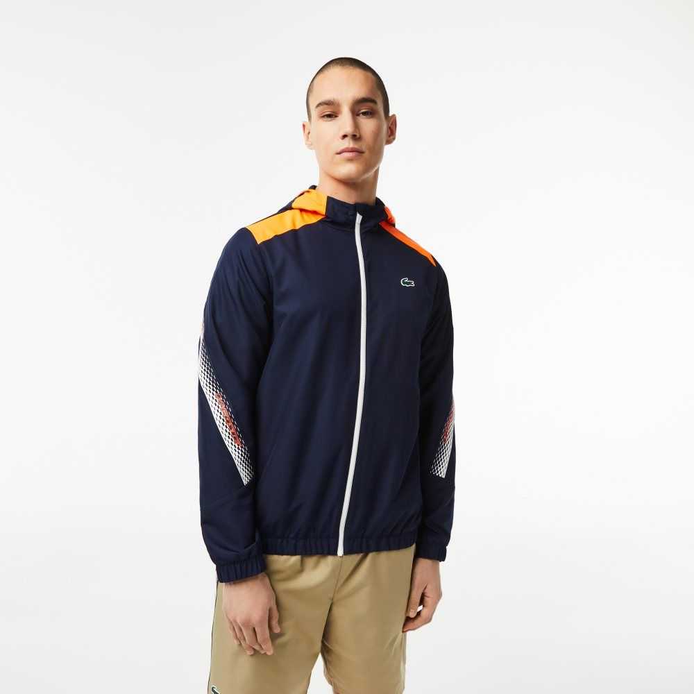 Lacoste Tennis Recycled Polyester Hooded Jacket Navy Blue / Orange / White / Orange / White | PBDZ-59648
