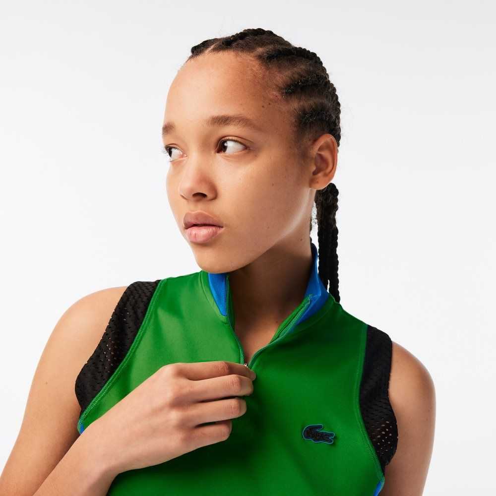 Lacoste Tennis Sleeveless Zip Neck Polo Green / Blue / Black | EJFH-02359