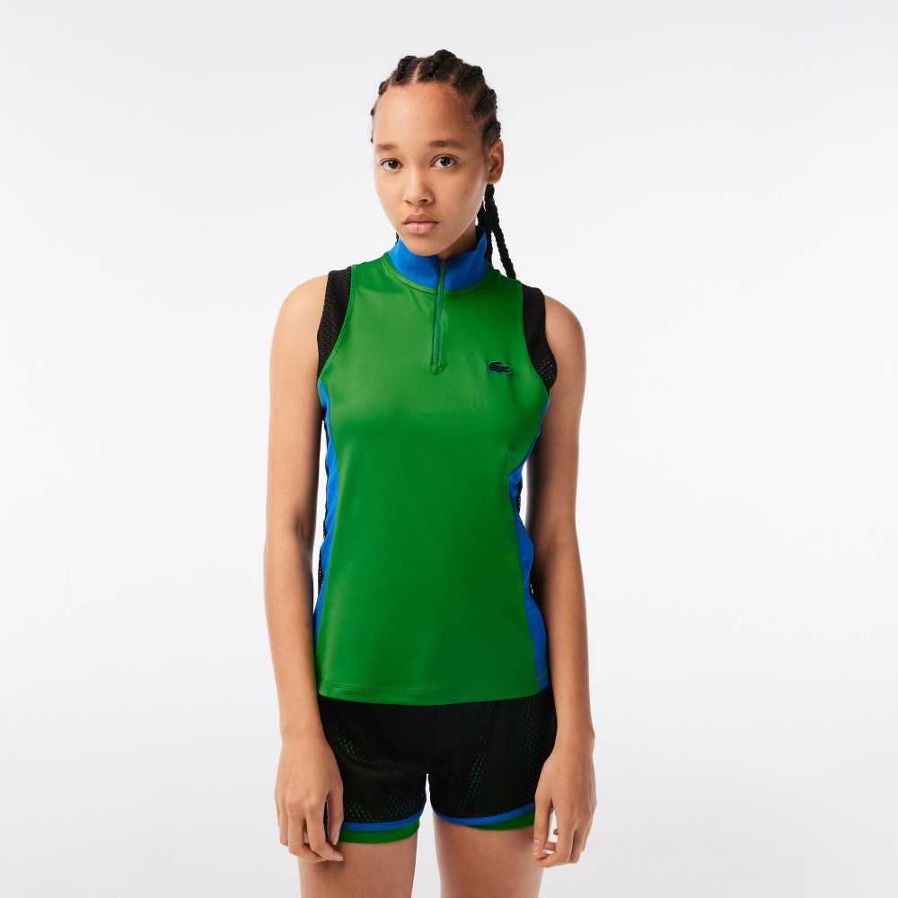 Lacoste Tennis Sleeveless Zip Neck Polo Green / Blue / Black | EJFH-02359