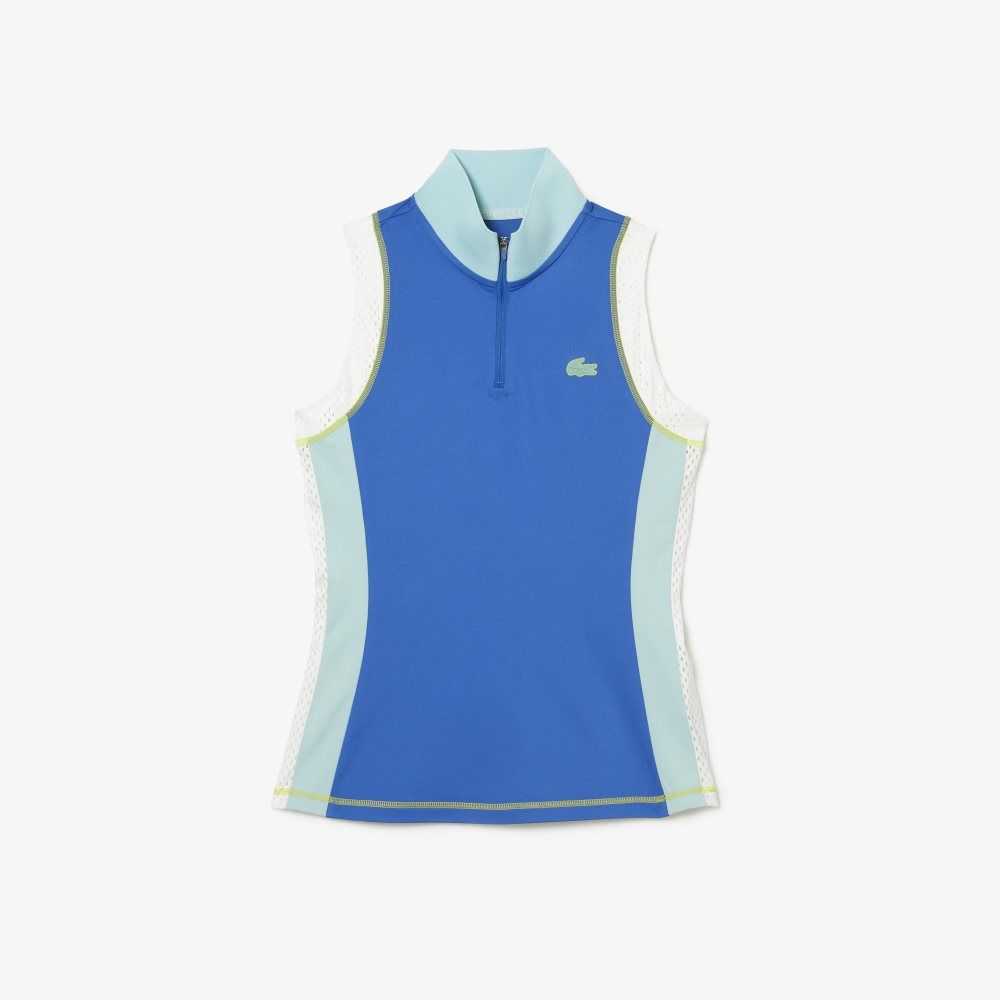 Lacoste Tennis Sleeveless Zip Neck Polo Blue / Light Green / White | WBDG-86704