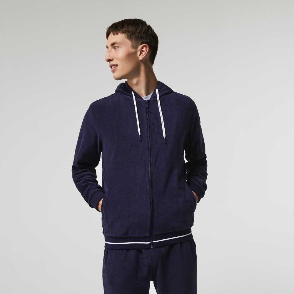 Lacoste Terrycloth Zip Lounge Sweatshirt Navy Blue | IPYQ-98054