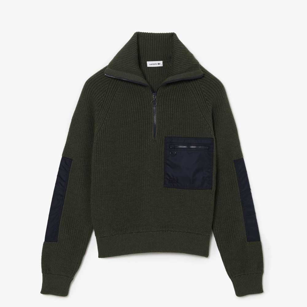 Lacoste Trucker Neck Colorblock Half Zip Sweater Khaki Green / Navy Blue | EAKY-23468