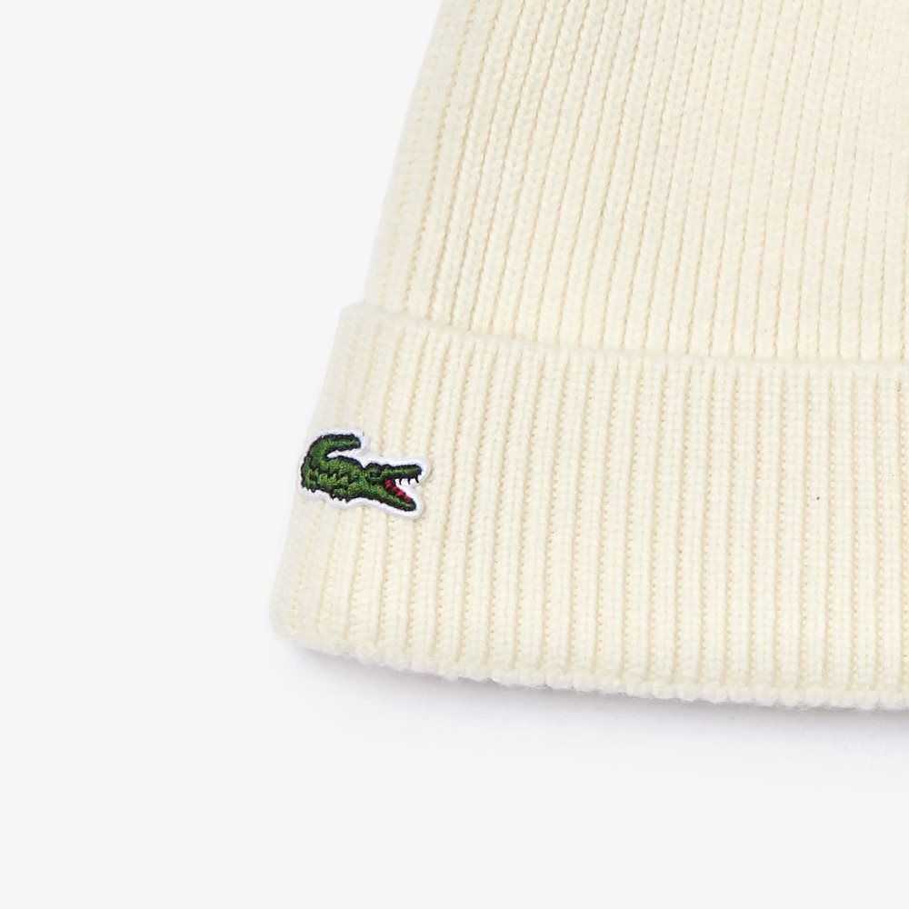 Lacoste Turned Edge Ribbed Wool Beanie White | PVDO-10532