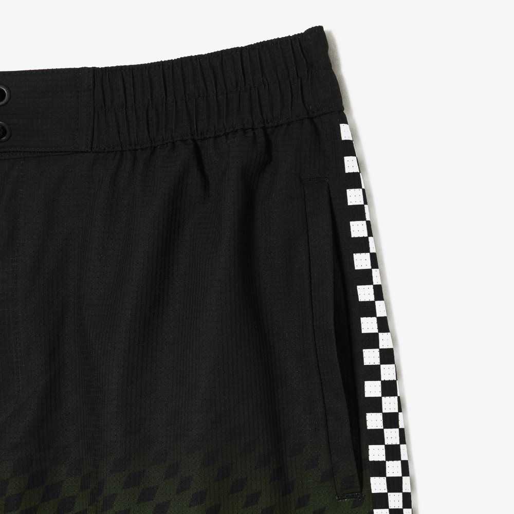 Lacoste Two-Tone Checkerboard Print Swim Trunks Black / Yellow | SKFJ-76049