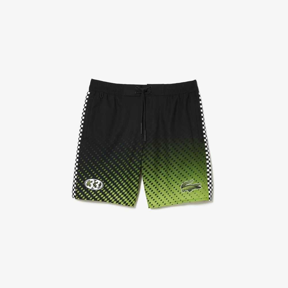 Lacoste Two-Tone Checkerboard Print Swim Trunks Black / Yellow | SKFJ-76049