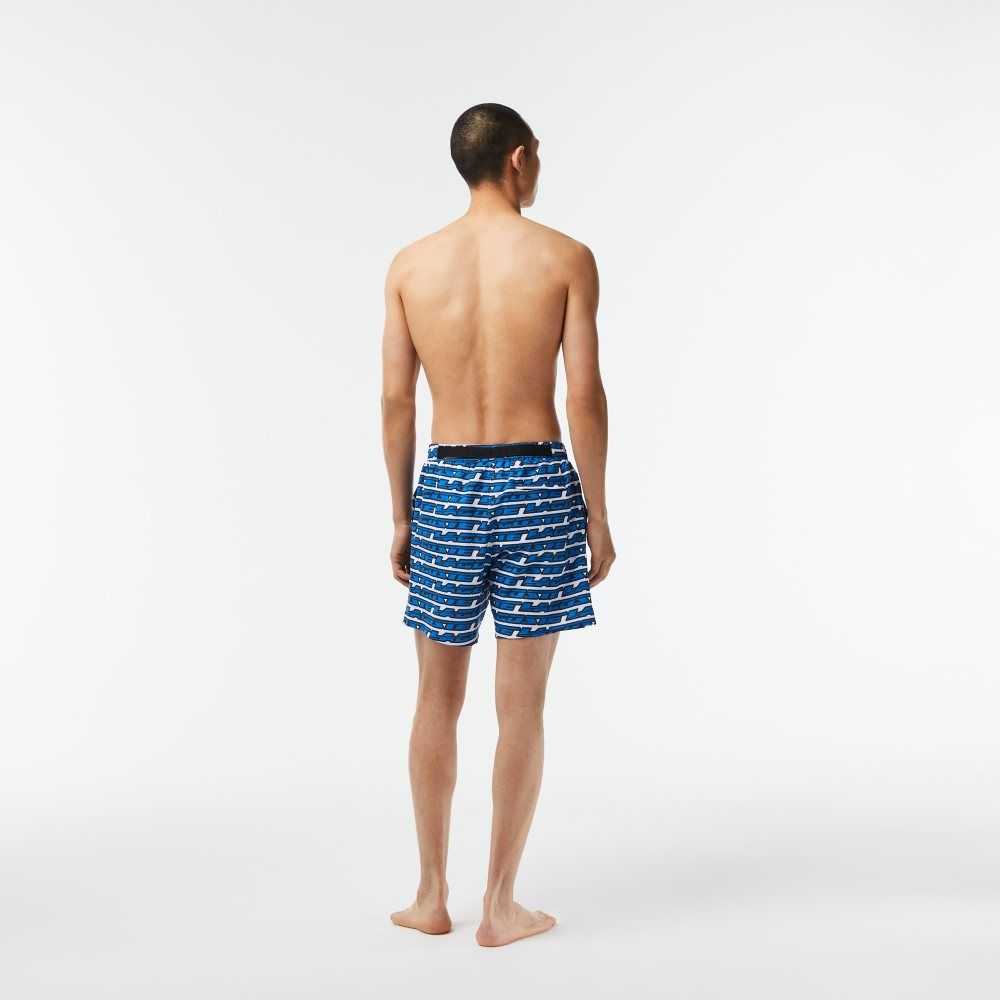 Lacoste Two-Tone Print Swim Trunks White / Blue | WGYX-36815