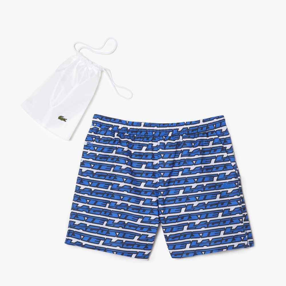 Lacoste Two-Tone Print Swim Trunks White / Blue | WGYX-36815