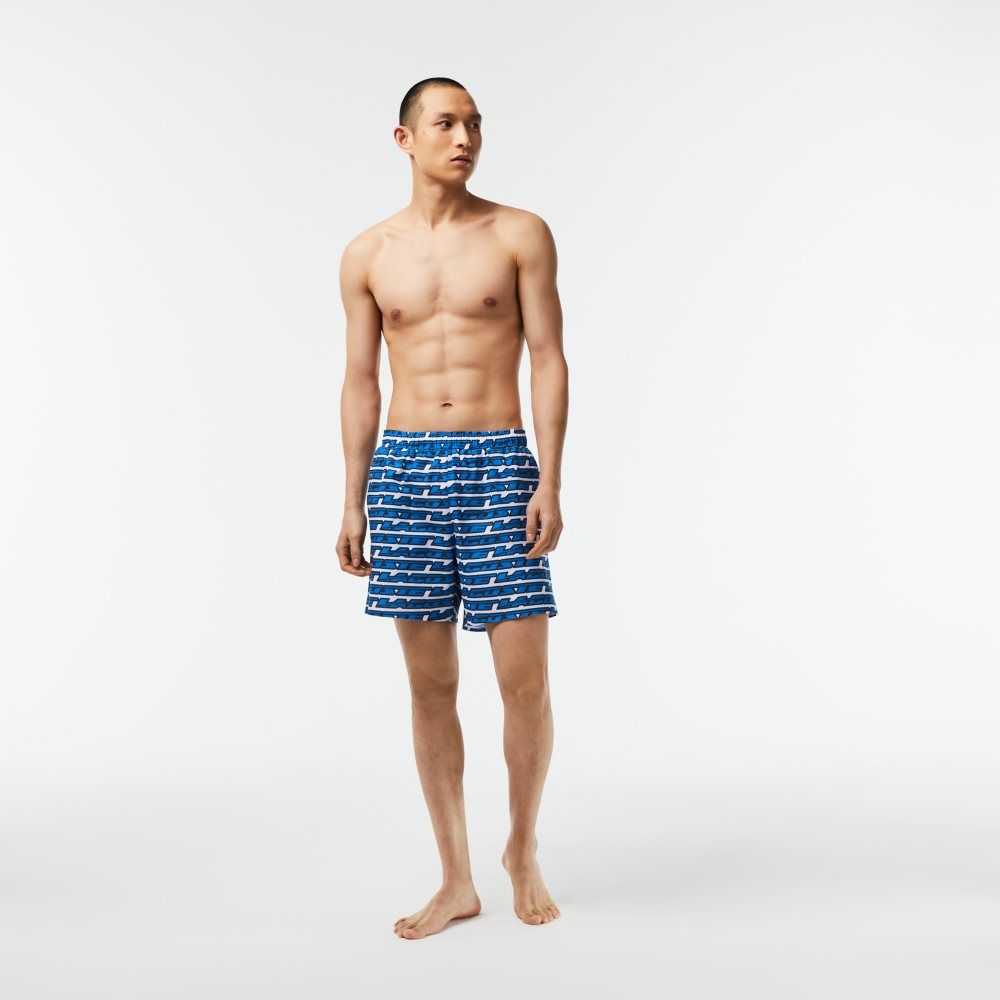 Lacoste Two-Tone Print Swim Trunks White / Blue | WGYX-36815