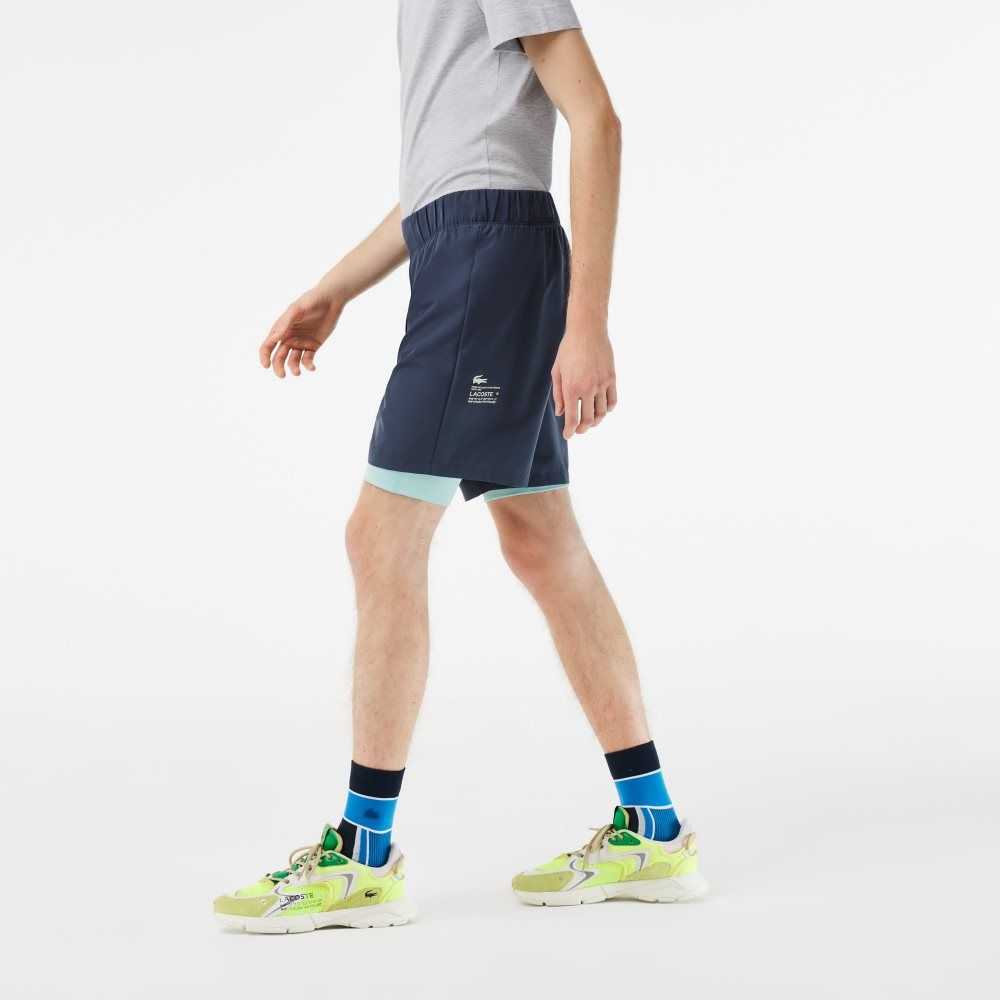 Lacoste Two-Tone SPORT Shorts with Built-in Undershorts Blue / Light Green | GRJD-72068