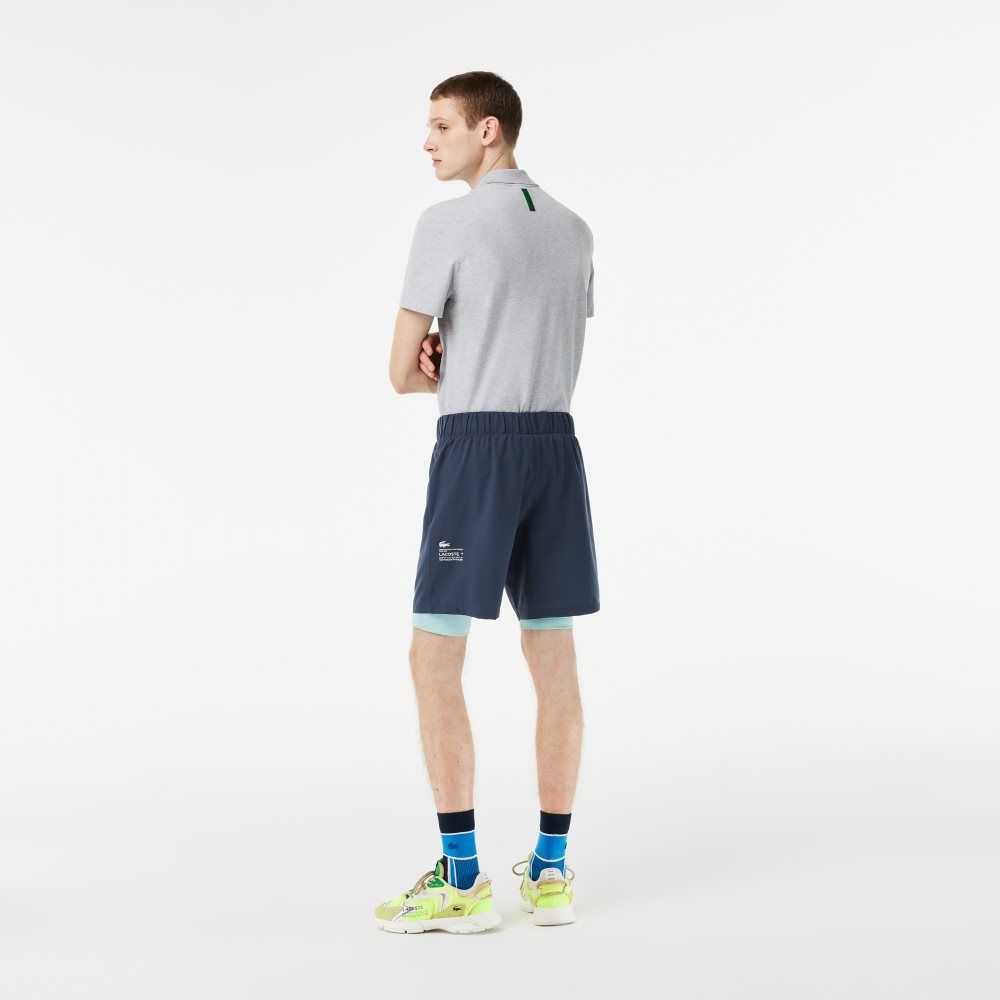 Lacoste Two-Tone SPORT Shorts with Built-in Undershorts Blue / Light Green | GRJD-72068