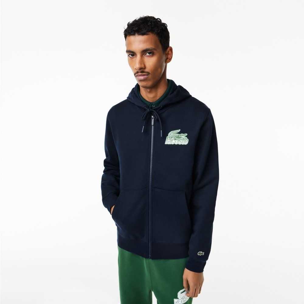 Lacoste Unbrushed Fleece Zipped Hoodie Navy Blue | AUKH-10845