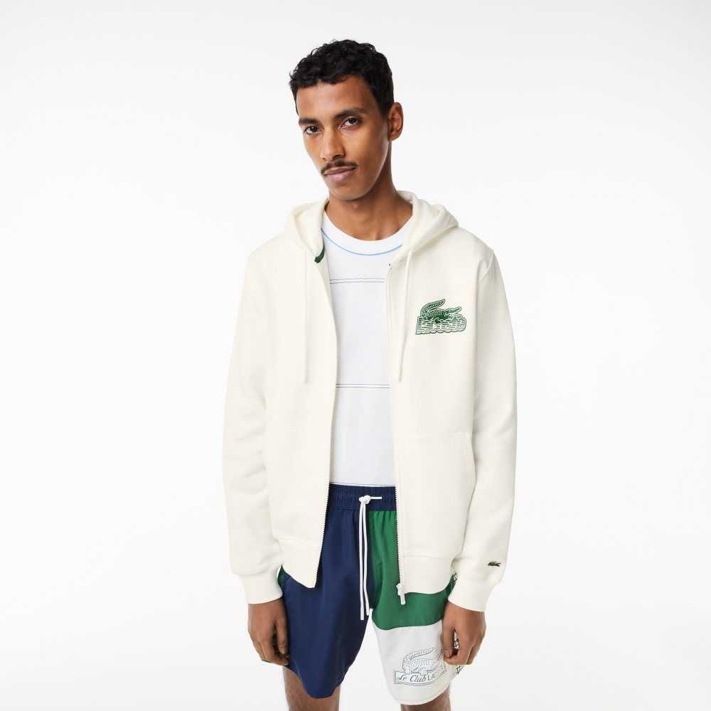 Lacoste Unbrushed Fleece Zipped Hoodie White | SYAD-93241