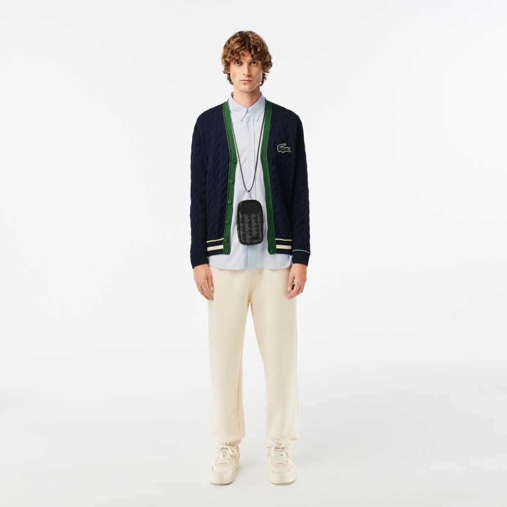 Lacoste V-Neck Cable Knit Organic Cotton Cardigan Navy Blue / White | MASY-30416