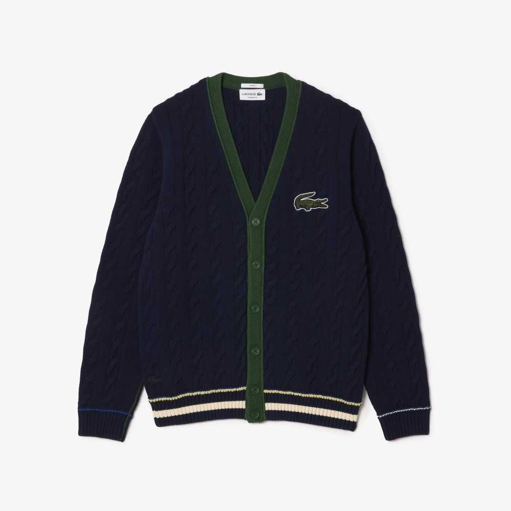 Lacoste V-Neck Cable Knit Organic Cotton Cardigan Navy Blue / White | MASY-30416
