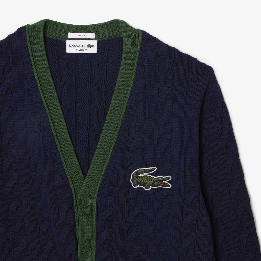 Lacoste V-Neck Cable Knit Organic Cotton Cardigan Navy Blue / White | MASY-30416