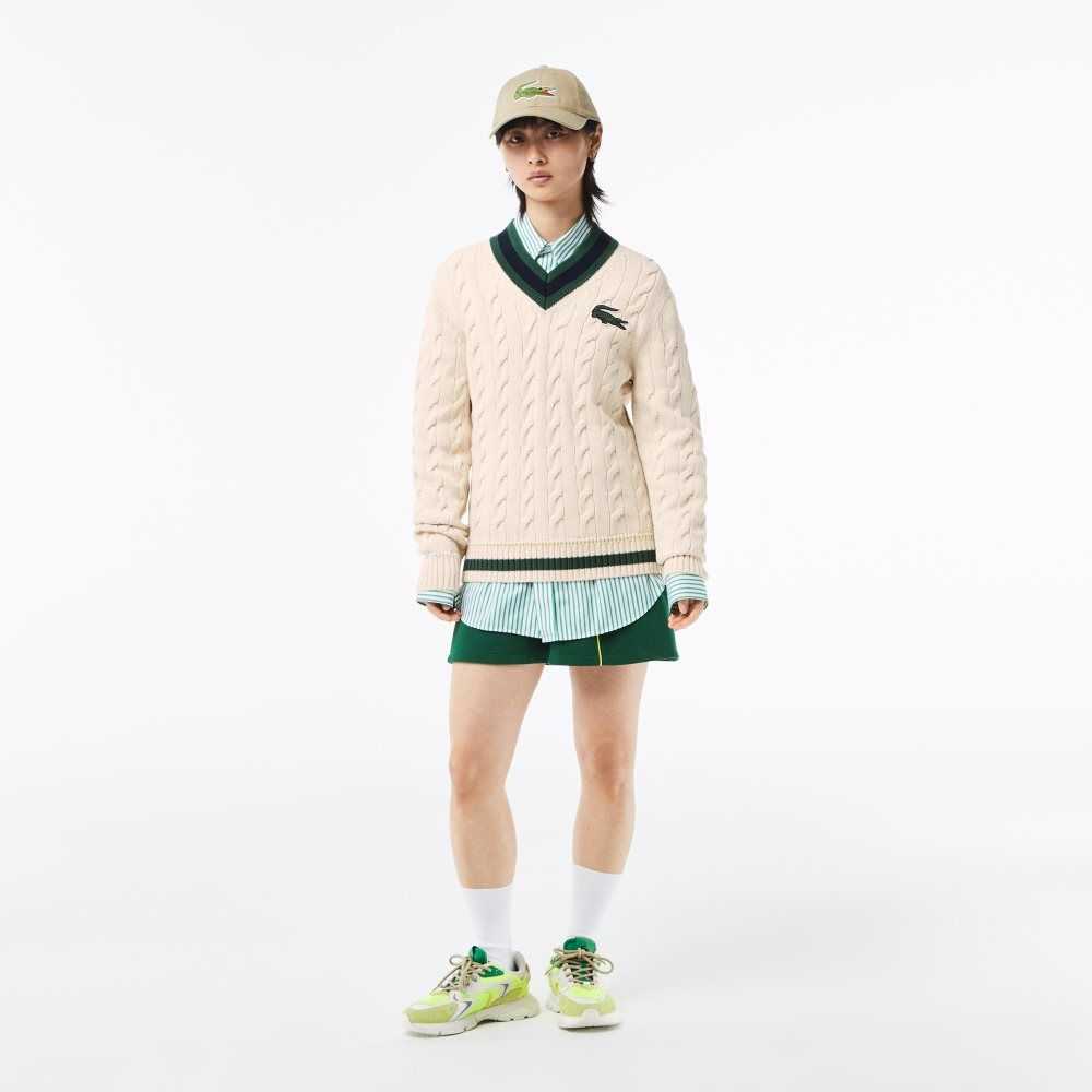 Lacoste V-Neck Cable Knit Sweater in Organic Cotton White | TKOW-59681