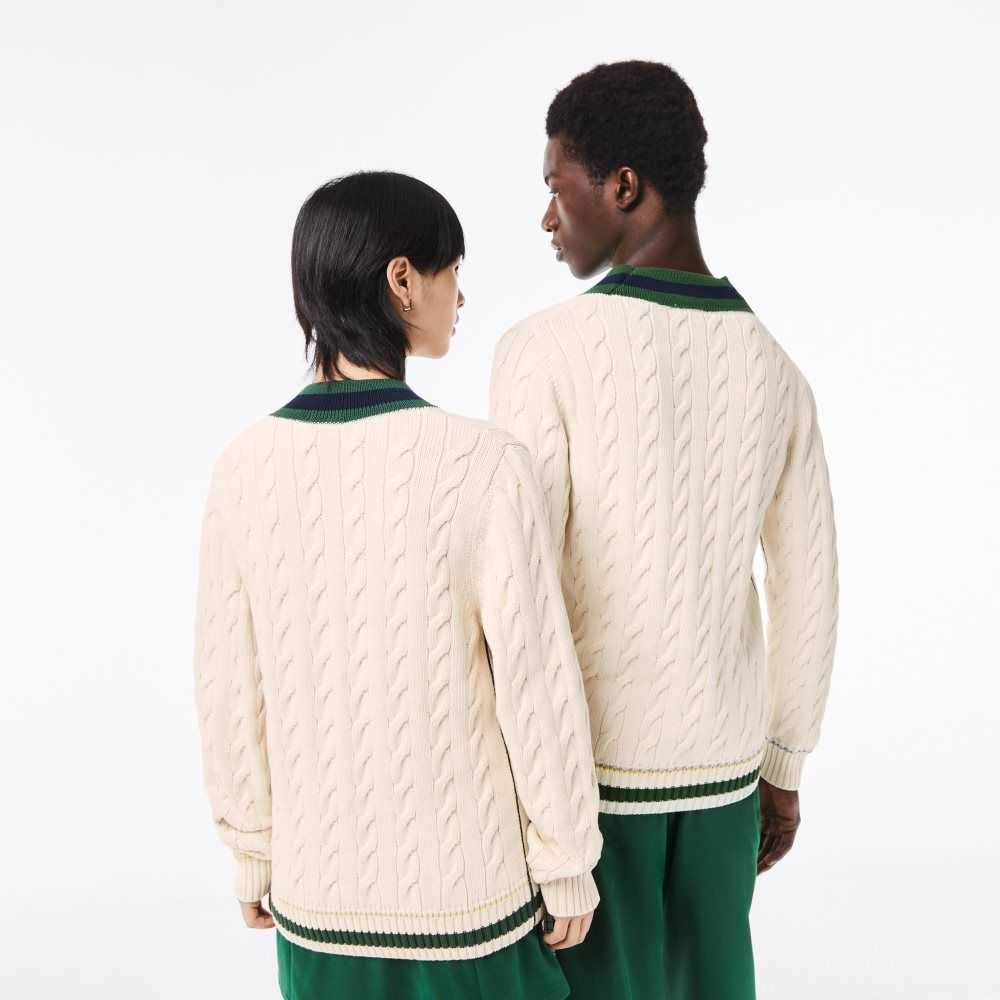 Lacoste V-Neck Cable Knit Sweater in Organic Cotton White | UVYW-73846
