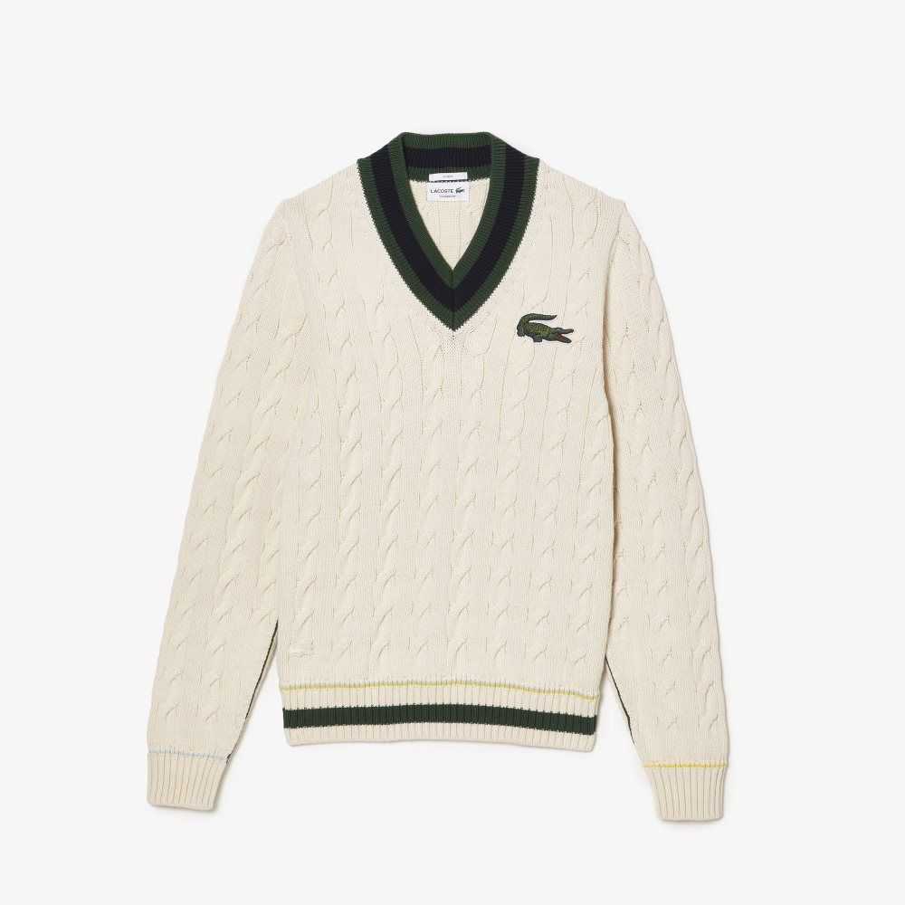 Lacoste V-Neck Cable Knit Sweater in Organic Cotton White | UVYW-73846