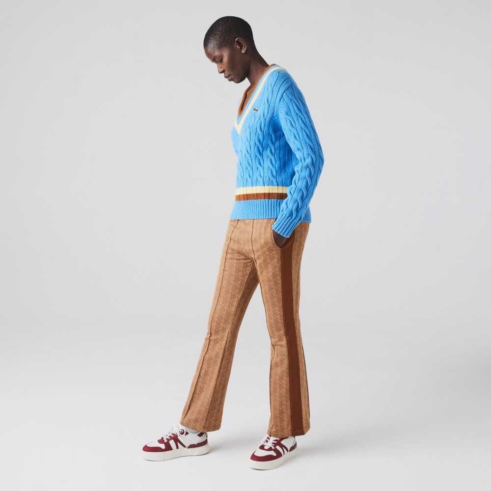 Lacoste V-Neck Cable Knit Wool Sweater Blue / Yellow / Brown | DHFK-87290
