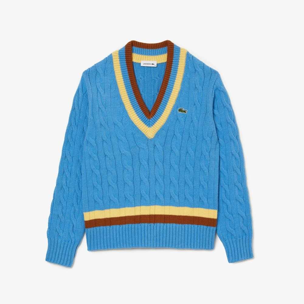 Lacoste V-Neck Cable Knit Wool Sweater Blue / Yellow / Brown | DHFK-87290