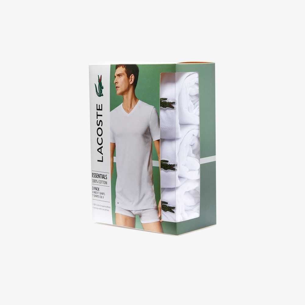 Lacoste V-Neck Cotton Lounge T-Shirt 3-Pack White | REAL-57960